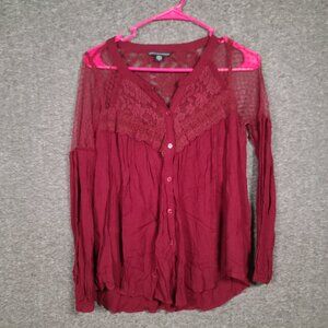 American Eagle Outfitters Women's S Long Sleeve Red Button Lace Mesh Accents Top